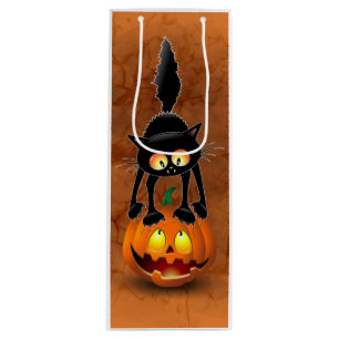 Cat Halloween erschreckter Cartoon auf Kürbiskröte Geschenktüte Für Weinflaschen
