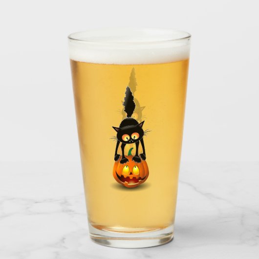 Cat Halloween erschreckter Cartoon auf Kürbiskröte Glas (Vorne (Gefüllt))