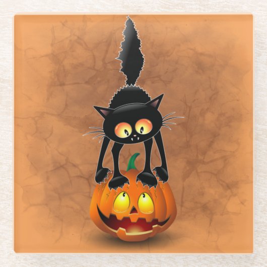 Cat Halloween erschreckter Cartoon auf Kürbiskröte Glasuntersetzer (Vorderseite)