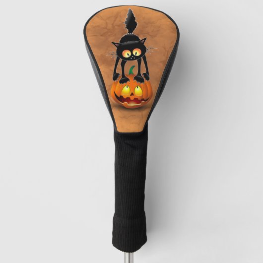 Cat Halloween erschreckter Cartoon auf Kürbiskröte Golf Headcover (Vorderseite)