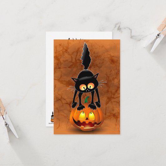 Cat Halloween erschreckter Cartoon auf Kürbiskröte Karte (Vorderseite/Rückseite Beispiel)