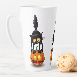 Cat Halloween erschreckter Cartoon auf Kürbiskröte Milchtasse