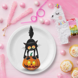 Cat Halloween erschreckter Cartoon auf Kürbiskröte Pappteller