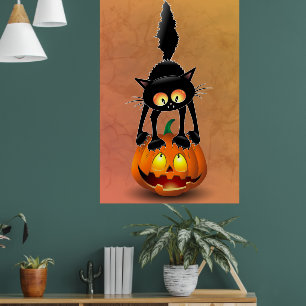 Cat Halloween erschreckter Cartoon auf Kürbiskröte Poster