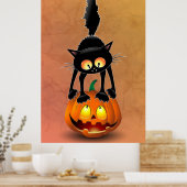 Cat Halloween erschreckter Cartoon auf Kürbiskröte Poster (Küche)