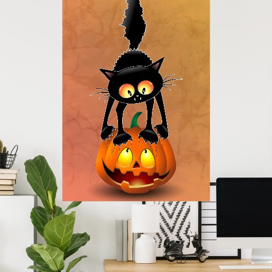 Cat Halloween erschreckter Cartoon auf Kürbiskröte Poster (Heimbüro)