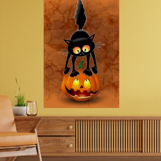 Cat Halloween erschreckter Cartoon auf Kürbiskröte Poster (Wohnzimmer 2)