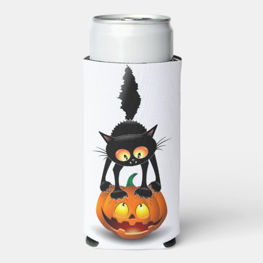 Cat Halloween erschreckter Cartoon auf Kürbiskröte Selters Dosenkühler (Seltzer Vorderseite)