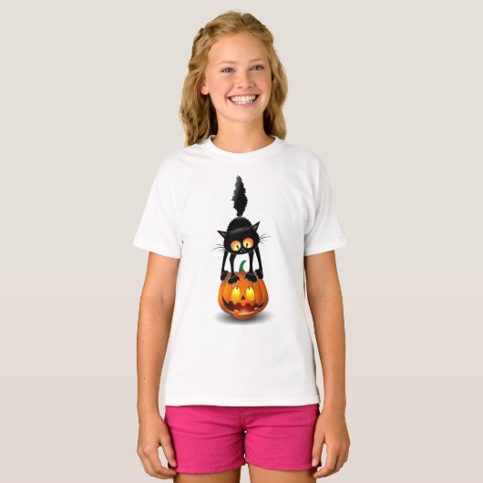 Cat Halloween erschreckter Cartoon auf Kürbiskröte T-Shirt (Vorne ganz)