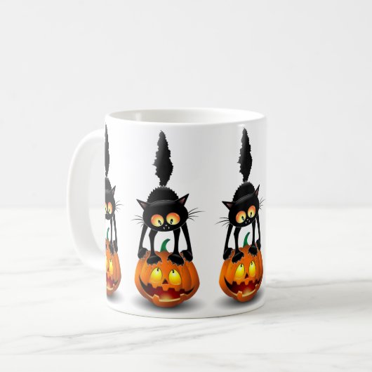 Cat Halloween Scared Cartoon Character stehend Kaffeetasse (Vorderseite Links)