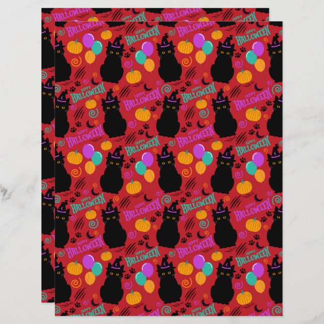 Cat Halloween Scrapbook Paper in Rot (Vorne/Hinten)