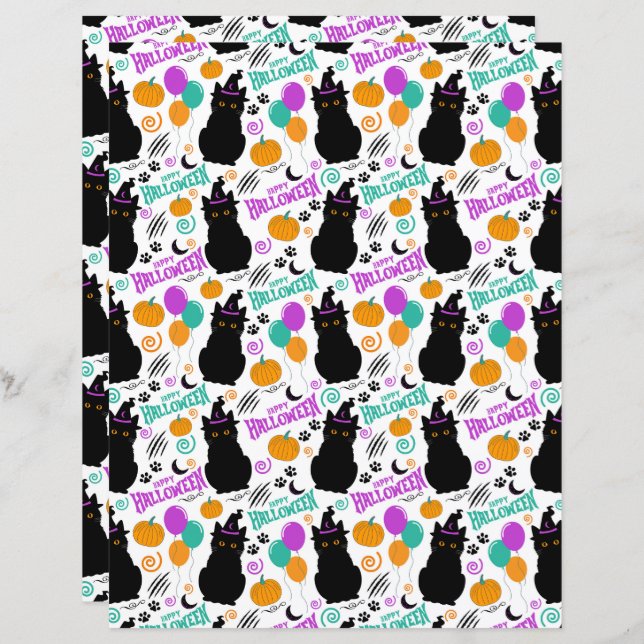 Cat Halloween Scrapbook Paper in Weiß (Vorne/Hinten)