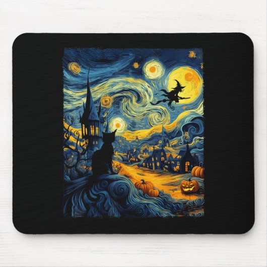 Cat Halloween Van Gogh Starry Night Pumpkin Men Wo Mousepad (Vorne)