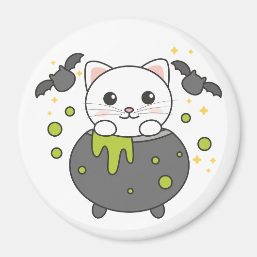 Cat Happy Halloween Cauldron Bat Magnet (Vorne)