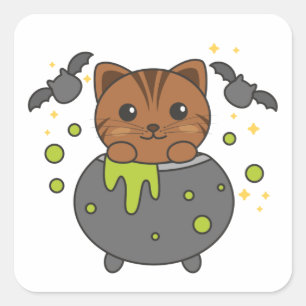 Cat Happy Halloween Cauldron Bat Square Sticker