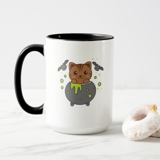 Cat Happy Halloween Cauldron Bat Tasse (Mit Donut)