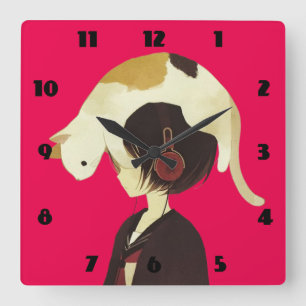 CAT HAT - Anime Child with Cat Quadratische Wanduhr