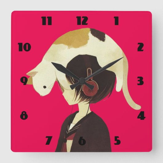 CAT HAT - Anime Child with Cat Quadratische Wanduhr (Vorderseite)