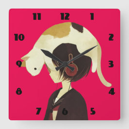 CAT HAT - Anime Child with Cat Quadratische Wanduhr
