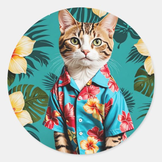 Cat Hawaiian Shirt Sticker, Katzenliebhaber Runder Aufkleber (Vorderseite)