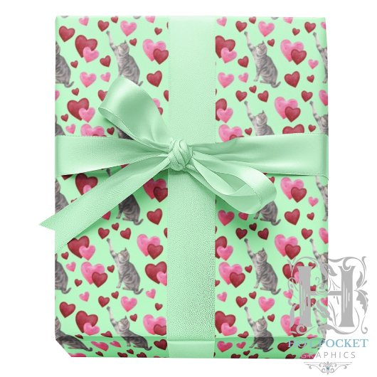 Cat Hearts Valentine Gift Wrapping Paper - Green Geschenkpapier