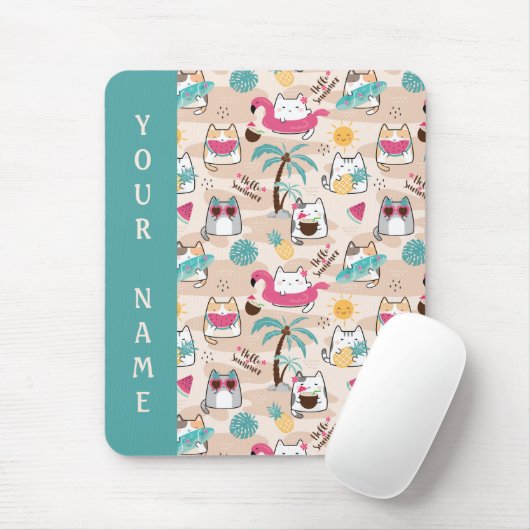Cat Hello Summer Beach Kitty Vacation Mouse Pad Mousepad (Mit Mouse)