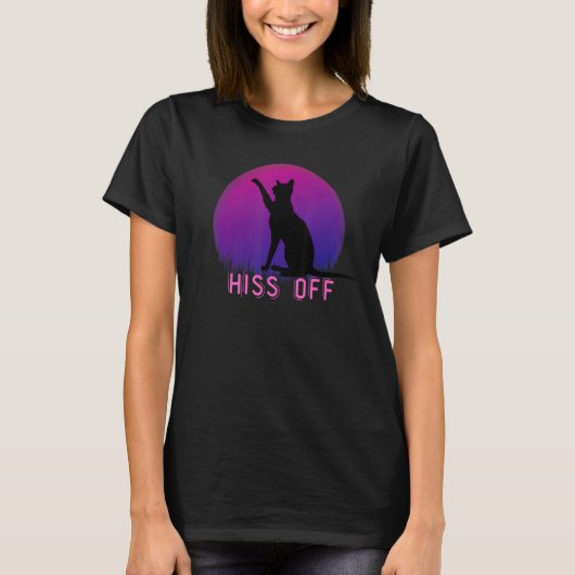 Cat Hiss Off Meow Retro Sunset Style Funny Black C T-Shirt (Vorderseite)