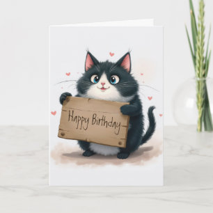 Cat Holding a Happy Birthday Sign Feiertagskarte