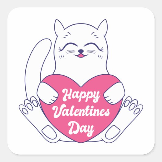 Cat Holding Heart Happy Valentines Day Quadratischer Aufkleber (Vorderseite)