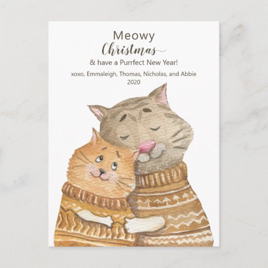Cat Hug Meowy Weihnachten & Zweck Neujahr Postkarte (Vorderseite)