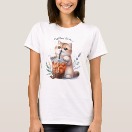 Cat & Iced Coffee T-Shirt – Cozy Café Style