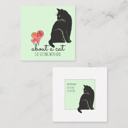 Cat Illustration & Hearts Cat Sitter Quadratische Visitenkarte (Vorne/Hinten)