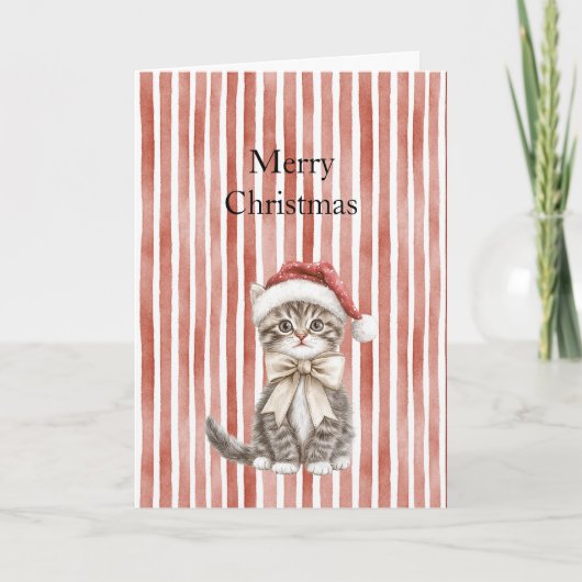 Cat in a hat Red Stripes Christmas Karte (Vorderseite)