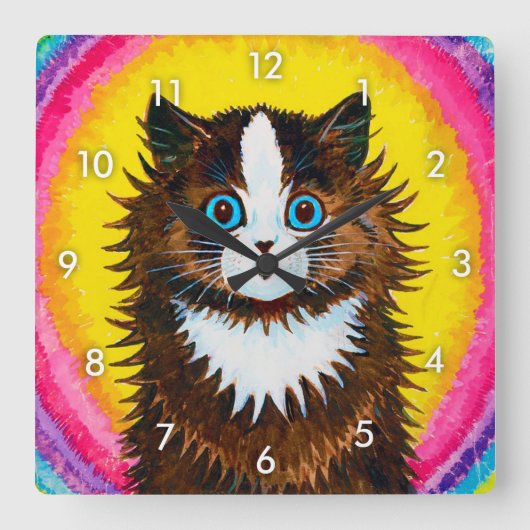 Cat in a Rainbow, Louis Wain Quadratische Wanduhr (Vorderseite)