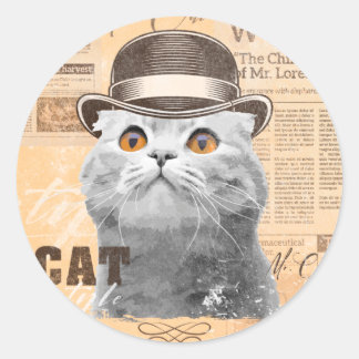 Cat in bowler hat, old classic newspaper, vintage runder aufkleber