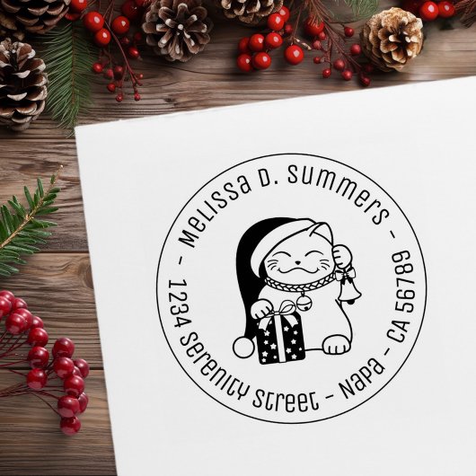 Cat in Christmas Hat Round Address Gummistempel