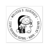 Cat in Christmas Hat Round Address Permastempel (Design)
