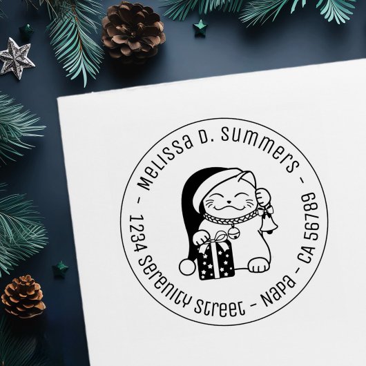 Cat in Christmas Hat Round Address Permastempel