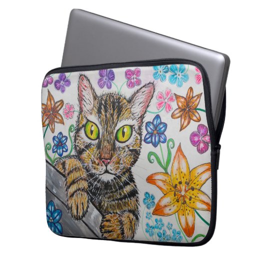 Cat in floral background Electronics Bag Laptopschutzhülle (Vorderseite Links)