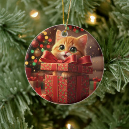 Cat in Gift Box - Cat Popping Out of Present Xmas Keramik Ornament