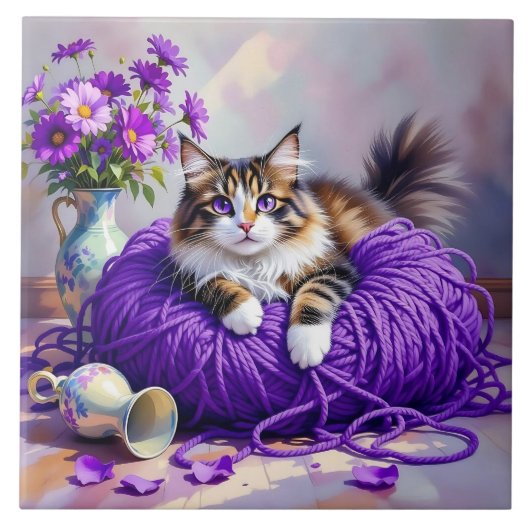 Cat  in Purple Yarn and Flowers   Fliese (Vorderseite)