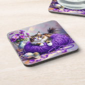 Cat  in Purple Yarn and Flowers   Getränkeuntersetzer (Linke Seite)