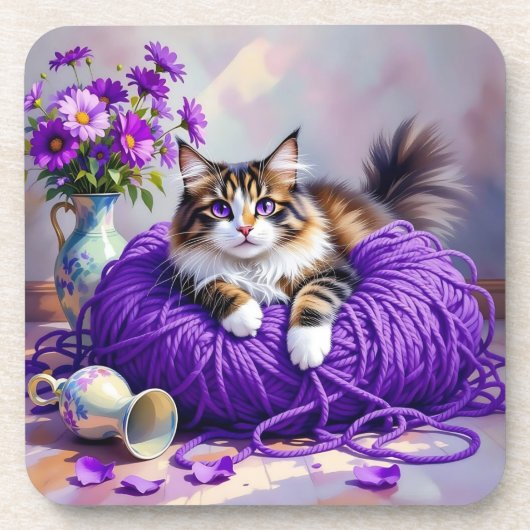 Cat  in Purple Yarn and Flowers   Getränkeuntersetzer (Vorderseite)