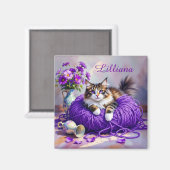 Cat  in Purple Yarn and Flowers Personalized Magnet (Vorderseite/Rückseite)