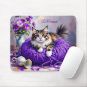 Cat  in Purple Yarn and Flowers Personalized Mousepad (Mit Mouse)