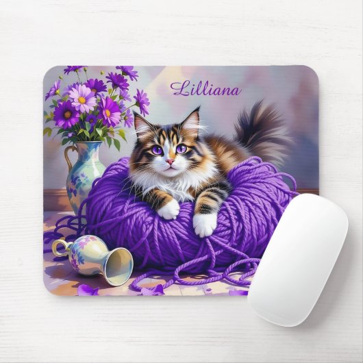 Cat in Purple Yarn and Flowers Personalized Mousepad (Mit Mouse)