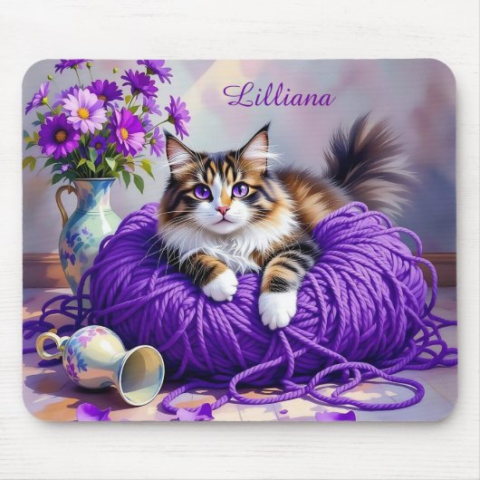 Cat  in Purple Yarn and Flowers Personalized Mousepad (Vorne)