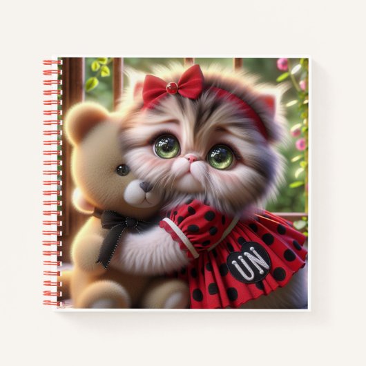 Cat in Red Dress with Teddy Bear Notizblock (Vorderseite)