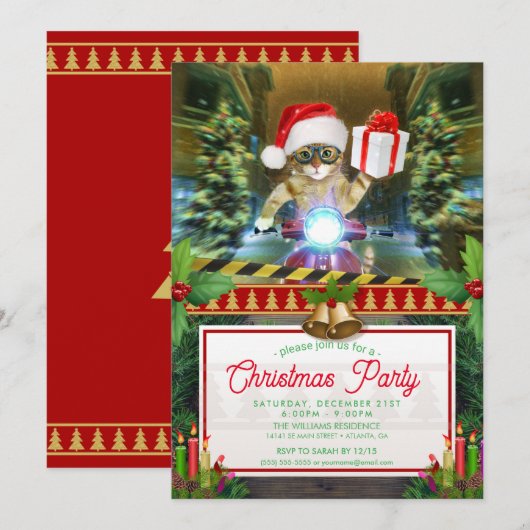 Cat in the Santa Claus hat delivers Christmas gift Einladung (Vorne/Hinten)