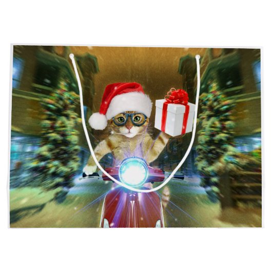 Cat in the Santa Claus hat delivers Christmas gift Große Geschenktüte (Rückseite)